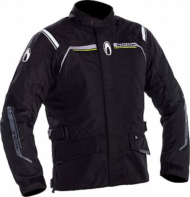 Black Richa Storm Motorcycle Jacket in size 3XL, featuring reflective accents, adjustable cuffs, and a high collar for enhanced protection and visibility.