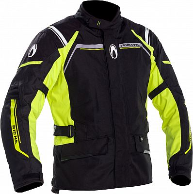 Black motorcycle jacket with fluo yellow accents, featuring reflective stripes, adjustable waist, and padded shoulders for enhanced protection and visibility.