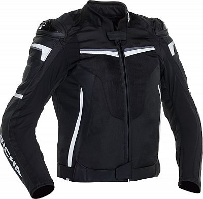 Black and white Richa Terminator motorcycle jacket in size L, featuring a sleek design, zip closure, and padded shoulders for protection.