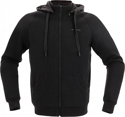 Black zip hoodie for men, size 6XL, featuring a hood, front pockets, and a subtle logo on the chest, made from soft, durable material ideal for motorcycle wear.