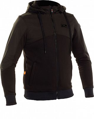 All-black Richa Titan Core motorcycle hoodie in 4XL, featuring a zip front, adjustable hood, and contrasting orange detail on the side, made from durable, flexible material.