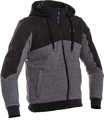 Grey motorcycle hoodie with black accents, featuring a zip closure, a hood, and a sporty design, made from durable materials for protection and comfort.
