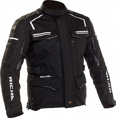 Black waterproof motorcycle textile jacket with reflective stripes, multiple pockets, and adjustable straps, designed for men in size S by Richa.