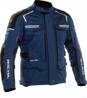 Navy blue Richa Touareg 2 motorcycle jacket in XL, featuring reflective stripes, multiple zippered pockets, and padded shoulder and elbow protection.