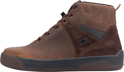 Dark brown Richa Travis WP motorcycle shoes in size 43 (UK 9) feature a combination of leather and textile materials, with a high-top design and lace-up closure for added support.