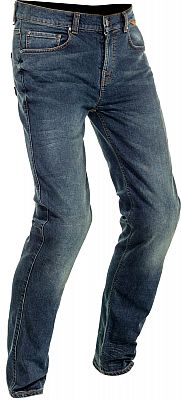 Blue motorcycle jeans with a slim fit, made from durable denim, featuring reinforced stitching and pockets, designed for safety and comfort while riding.