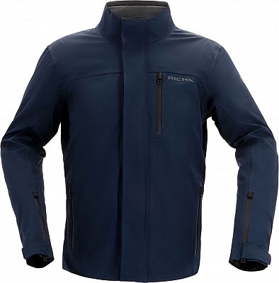 Navy blue waterproof motorcycle textile jacket for men, size M, featuring a high collar, zippered pockets, and a sleek, modern design.