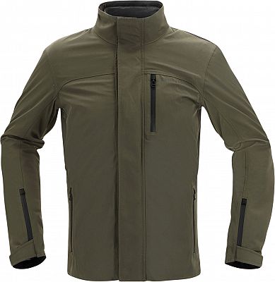 Green waterproof motorcycle textile jacket for men, size M, featuring a high collar, zippered pockets, and a sleek, modern design.