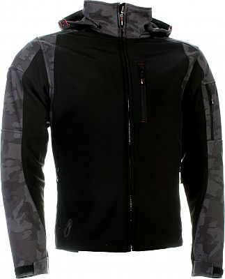 Black camo motorcycle jacket featuring a hood, zippered pockets, and a sleek design, made from durable material, available in size 5XL.