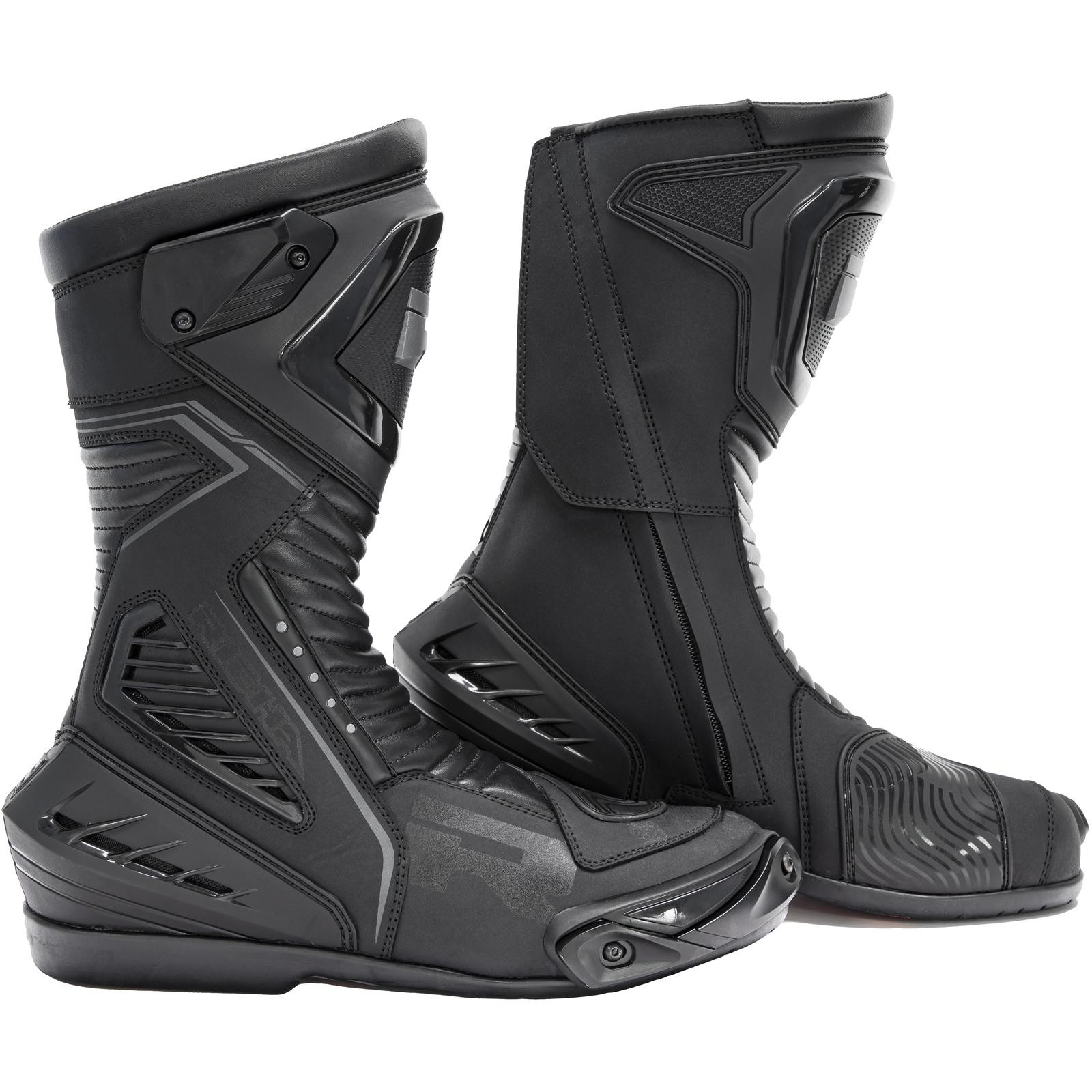 Black Richa Velocity motorcycle boots, UK size 13, featuring a sleek design with textured panels, reinforced toe and heel, and a durable rubber sole for enhanced grip and protection.