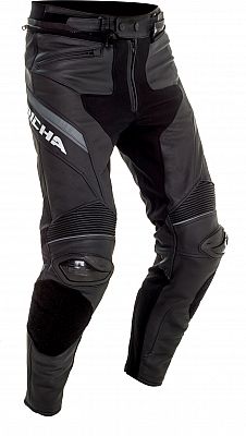 Black leather motorcycle trousers featuring a sleek design, reinforced knee protection, and Richa branding, designed for street riding with a comfortable fit.