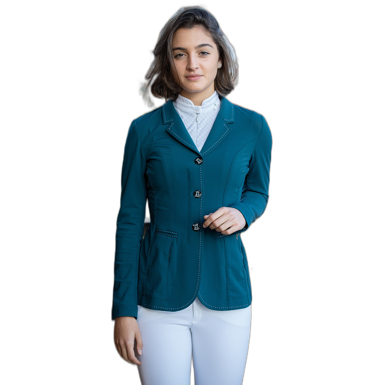 Teal riding jacket by Pénélope, made from soft, breathable material, featuring a tailored fit, three buttons, and subtle white stitching, paired with a white shirt and riding pants.