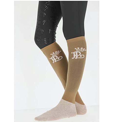 Knee-high riding socks in a tan color with a white logo featuring "P2" and a crown, made from a stretchy material, paired with black riding tights.
