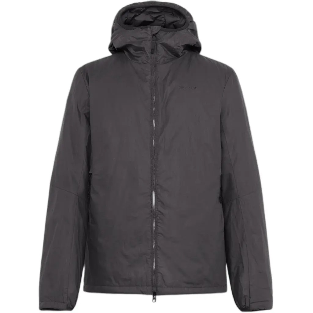 Gray ripstop waterproof jacket with a hood, featuring a zip front, elastic cuffs, and a lightweight design, ideal for outdoor activities.