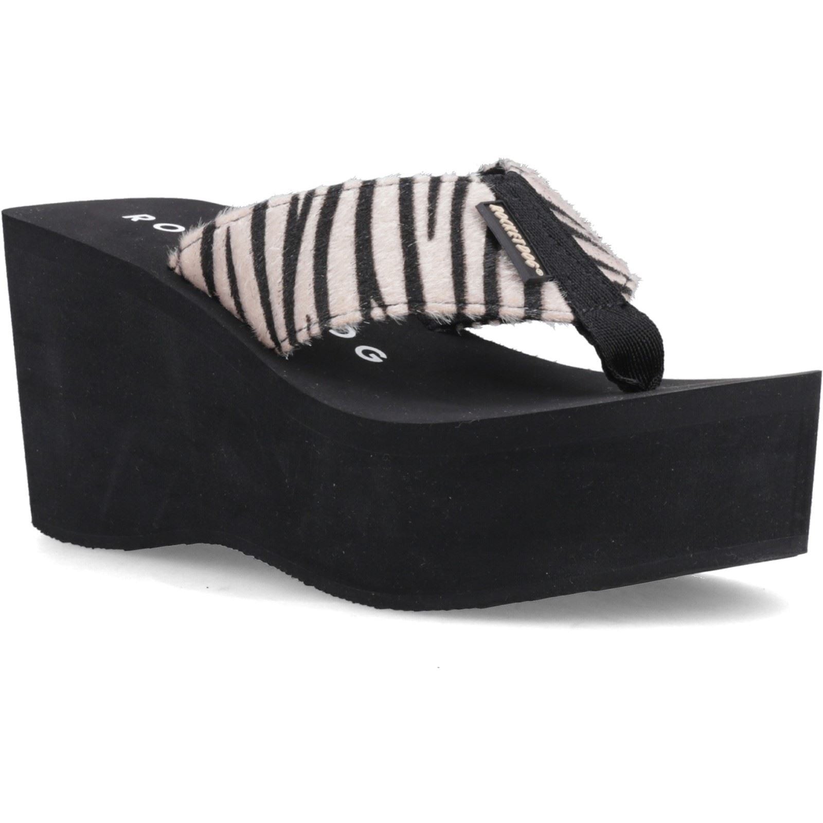 Camel espadrilles featuring a black and white striped textile upper, a thick wedge sole, and a comfortable thong strap, designed for casual summer wear.