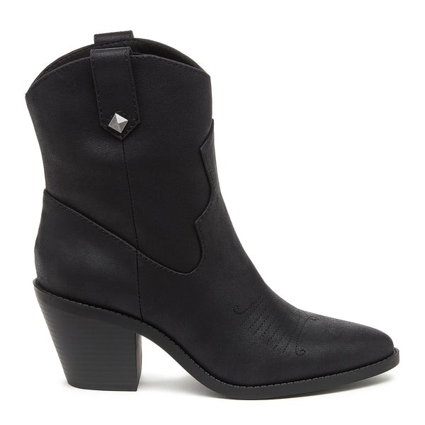 Black heeled ankle boots made of polyurethane, featuring a pointed toe, decorative stitching, and a stylish pull tab with a silver pyramid stud.