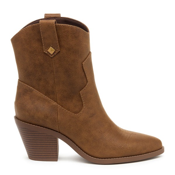 Walnut brown heeled ankle boots made of feather polyurethane, featuring a pointed toe, decorative stitching, and a stacked heel with a gold accent.