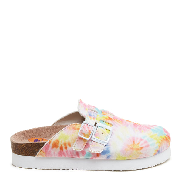 Multicoloured tie-dye mules featuring a white base, two adjustable buckles, and a cork footbed, designed for women in size UK 3 by Rocket Dog.