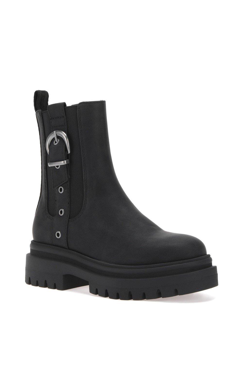 Black mid ankle boot featuring a sleek leather-like finish, chunky sole, side buckle detail, and pull tab for easy wear.