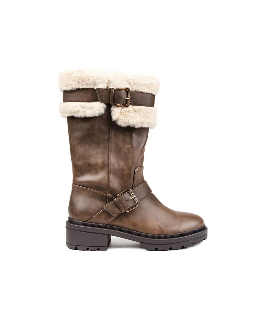 Brown faux leather long boots with a chunky sole, featuring a plush cream fur cuff and a decorative buckle strap around the ankle.