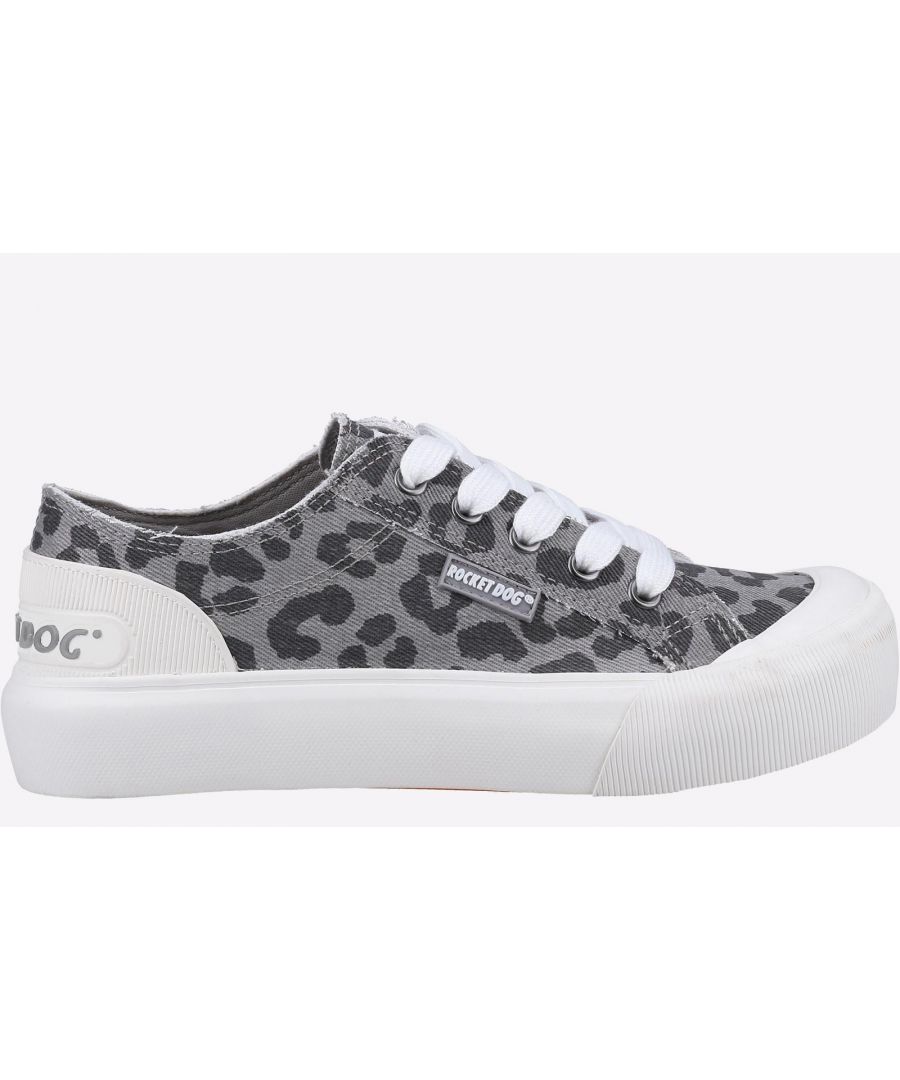 Grey canvas sneakers with a leopard print pattern, featuring white laces and a white rubber sole, labeled with "Rocket Dog" on the side, in size UK 3.