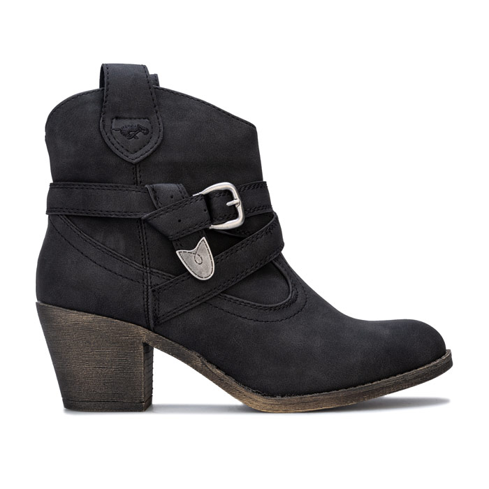 Black faux leather ankle boots with a stacked heel, featuring a decorative buckle and strap detail, and a rounded toe, available in size UK 3.