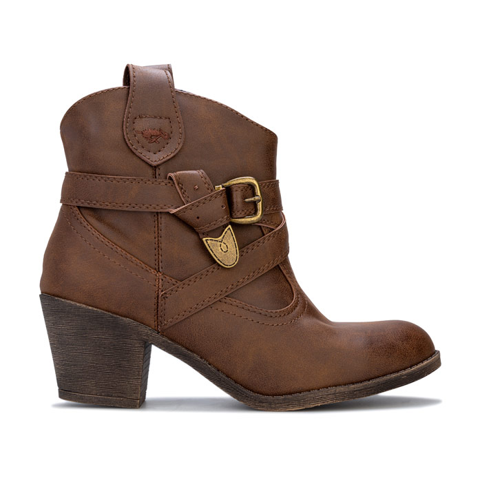 Dark brown leather ankle boots with a stacked heel, featuring decorative straps and buckles, designed by Rocket Dog, size UK 8.