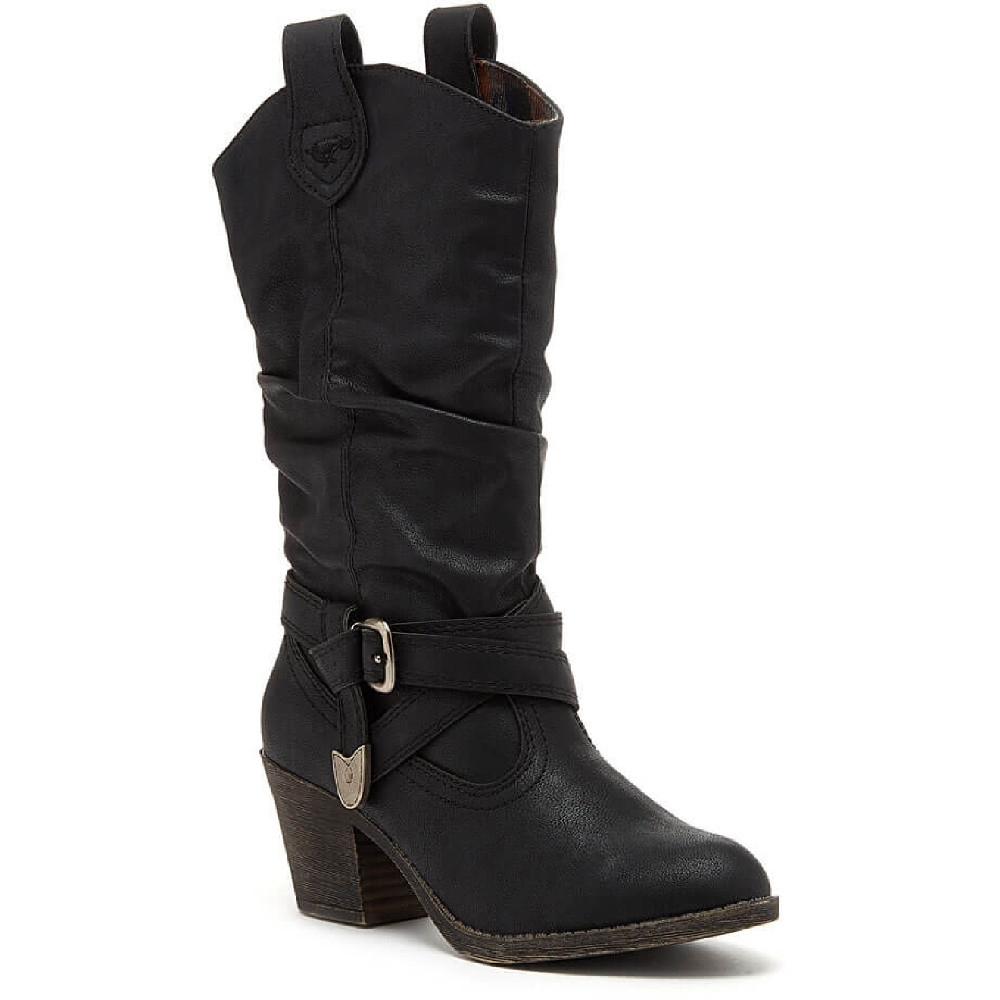 Black leather-like knee-high boots with a slouchy design, featuring a decorative buckle and a stacked heel, labeled as Rocket Dog Womens Sidestep Lewis Boots, size UK 8.