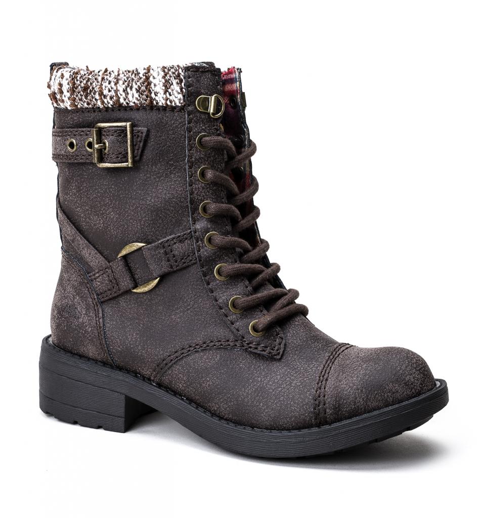 Brown faux leather lace-up boots with a textured finish, featuring a plaid cuff, buckle detail, and a sturdy black sole, in size UK 8.