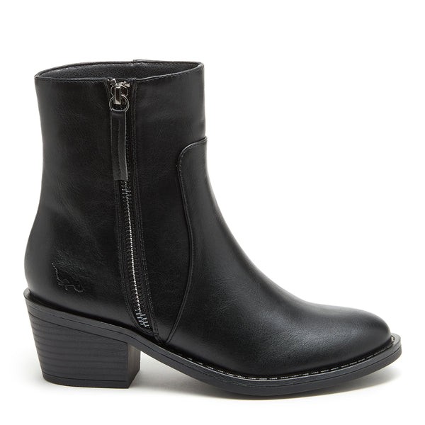 Black heeled ankle boots made of polyurethane, featuring a side zipper, rounded toe, and a textured block heel for added style.