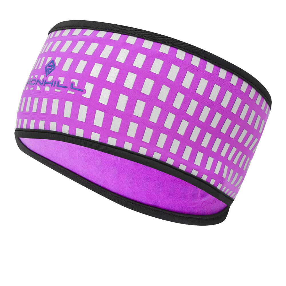 Pink Ronhill Afterhours headband in S/M size, featuring a geometric pattern with reflective elements, made of soft, stretchy material for comfort during activities.