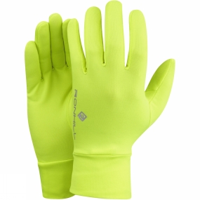 Bright yellow Ronhill Classic gloves in size large, made from a stretchy, lightweight material with a snug fit and a logo printed on the wrist area.