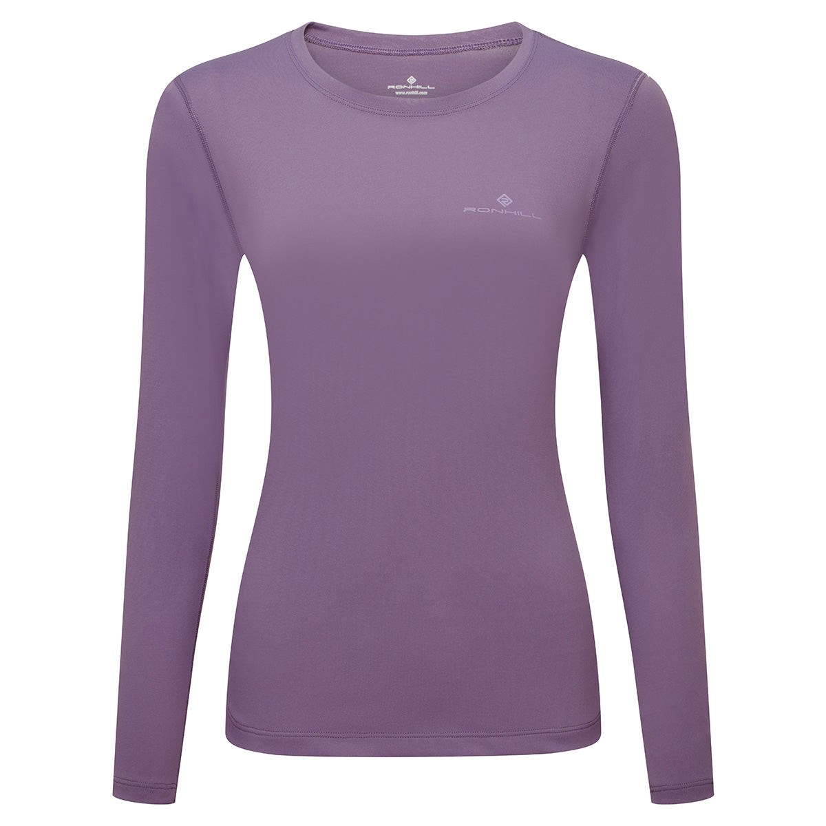 Long-sleeve women's tee in dark iris purple, made from lightweight material, featuring a round neckline and subtle Ronhill logo on the chest.