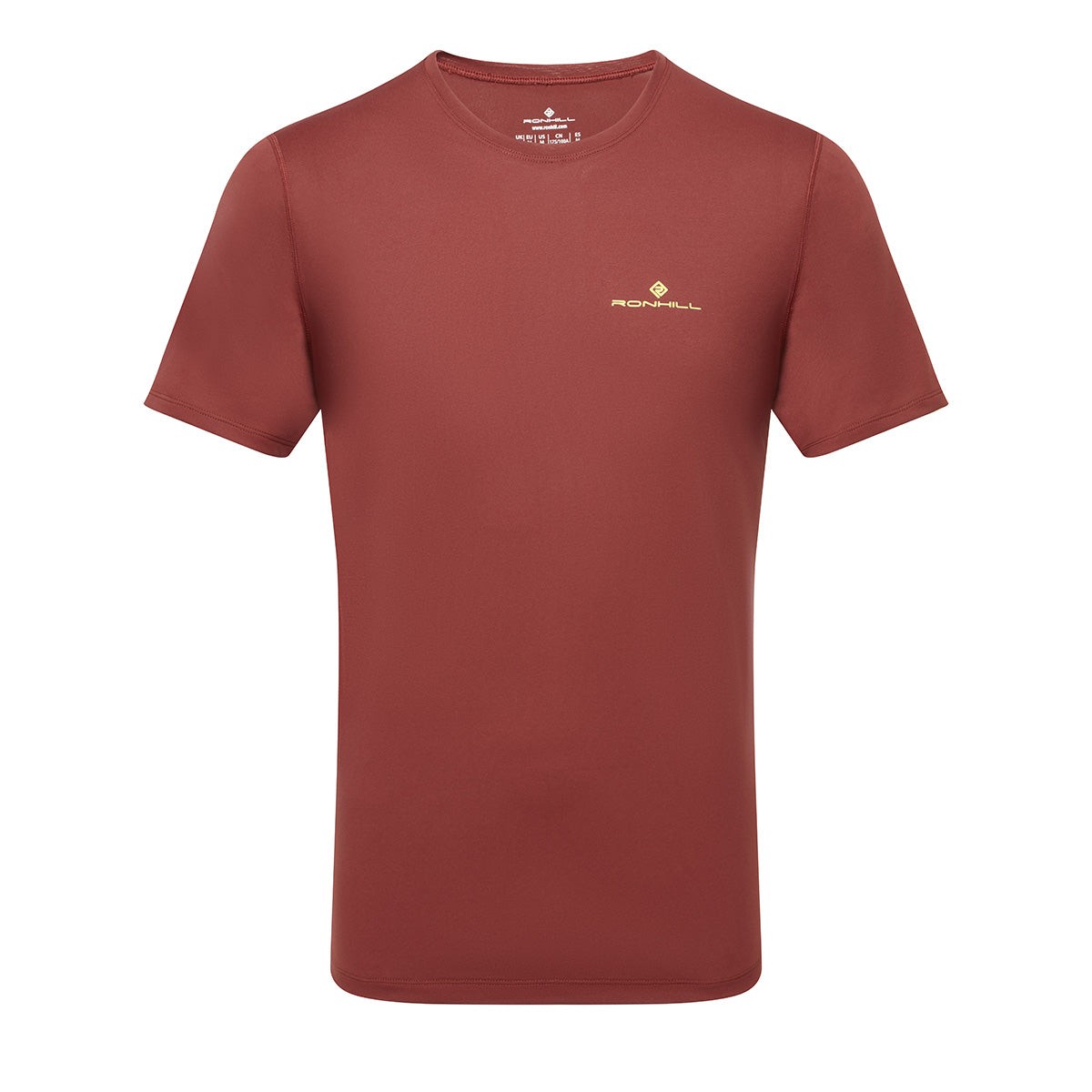 Chestnut short sleeve tee for men by Ronhill, featuring a round neck, lightweight material, and a small gold logo on the chest, available in size XL.