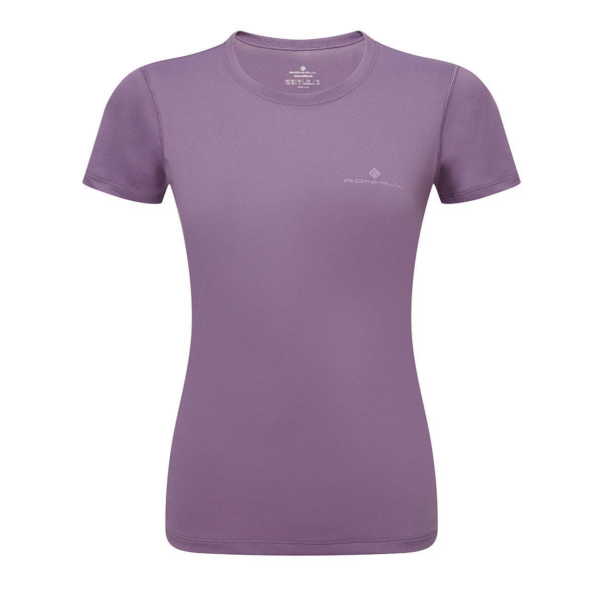 Short sleeve women's tee in dark iris purple, made from lightweight material, featuring a fitted design and subtle Ronhill logo on the chest.