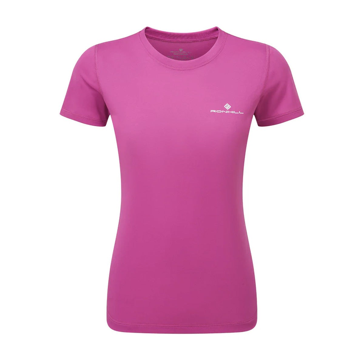 Short sleeve women's tee in vibrant pink with white accents, featuring a slim fit and soft, breathable material, ideal for active wear.