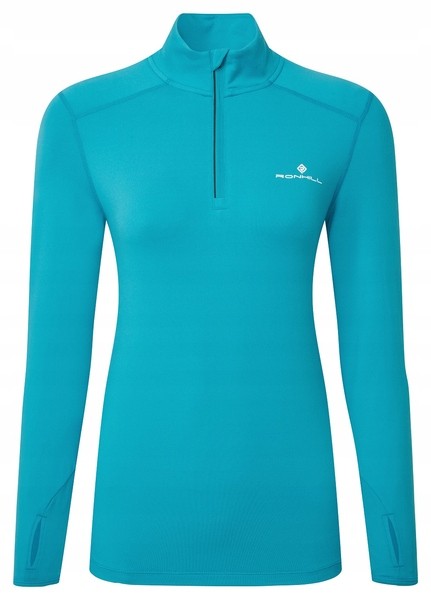 Azure blue long-sleeve women's thermal top with a half-zip collar, featuring a white Ronhill logo on the chest and thumbholes for added comfort.