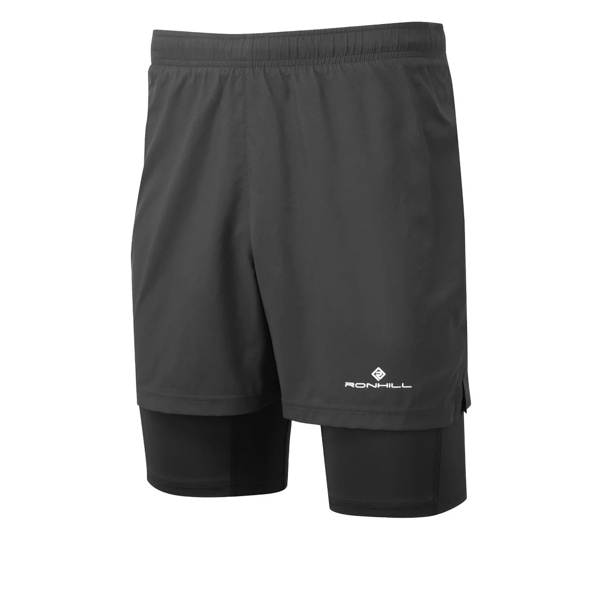 Black running shorts with a 5-inch inseam, featuring a lightweight outer layer and built-in inner shorts, branded with the Ronhill logo on the left leg.
