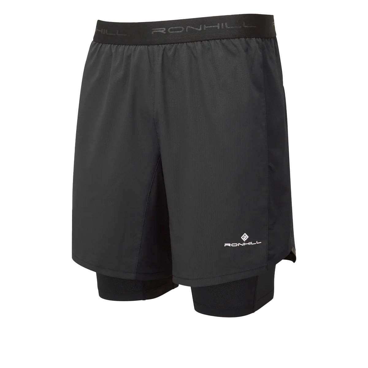Black Ronhill Tech 7" Twin Shorts for men, featuring a lightweight, breathable material, with an inner layer for support and the Ronhill logo on the waistband and side.