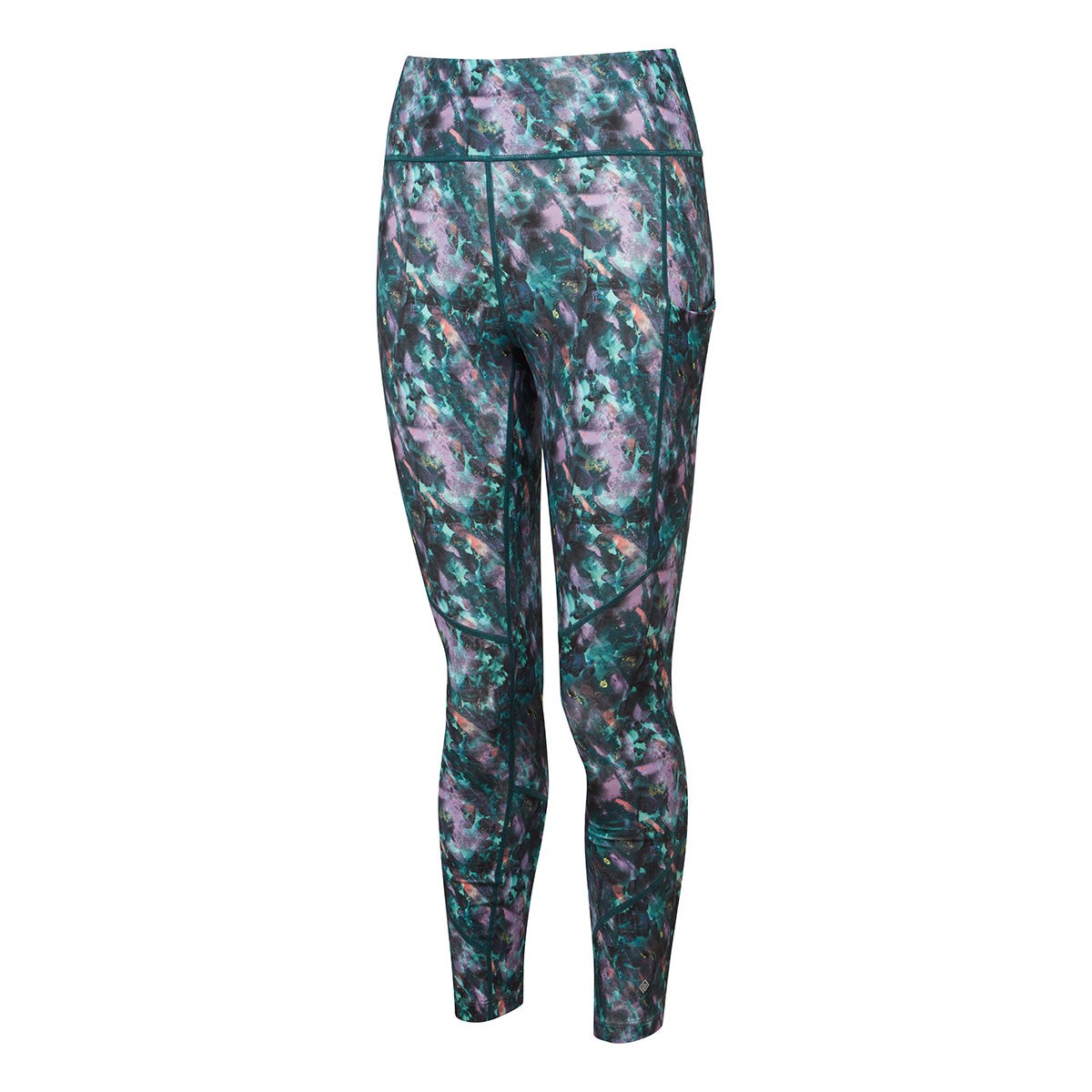 Ronhill Tech Crop Tight in Multi Flora design features a vibrant, abstract pattern with shades of green, purple, and black, made from a stretchy, breathable material, size XL.