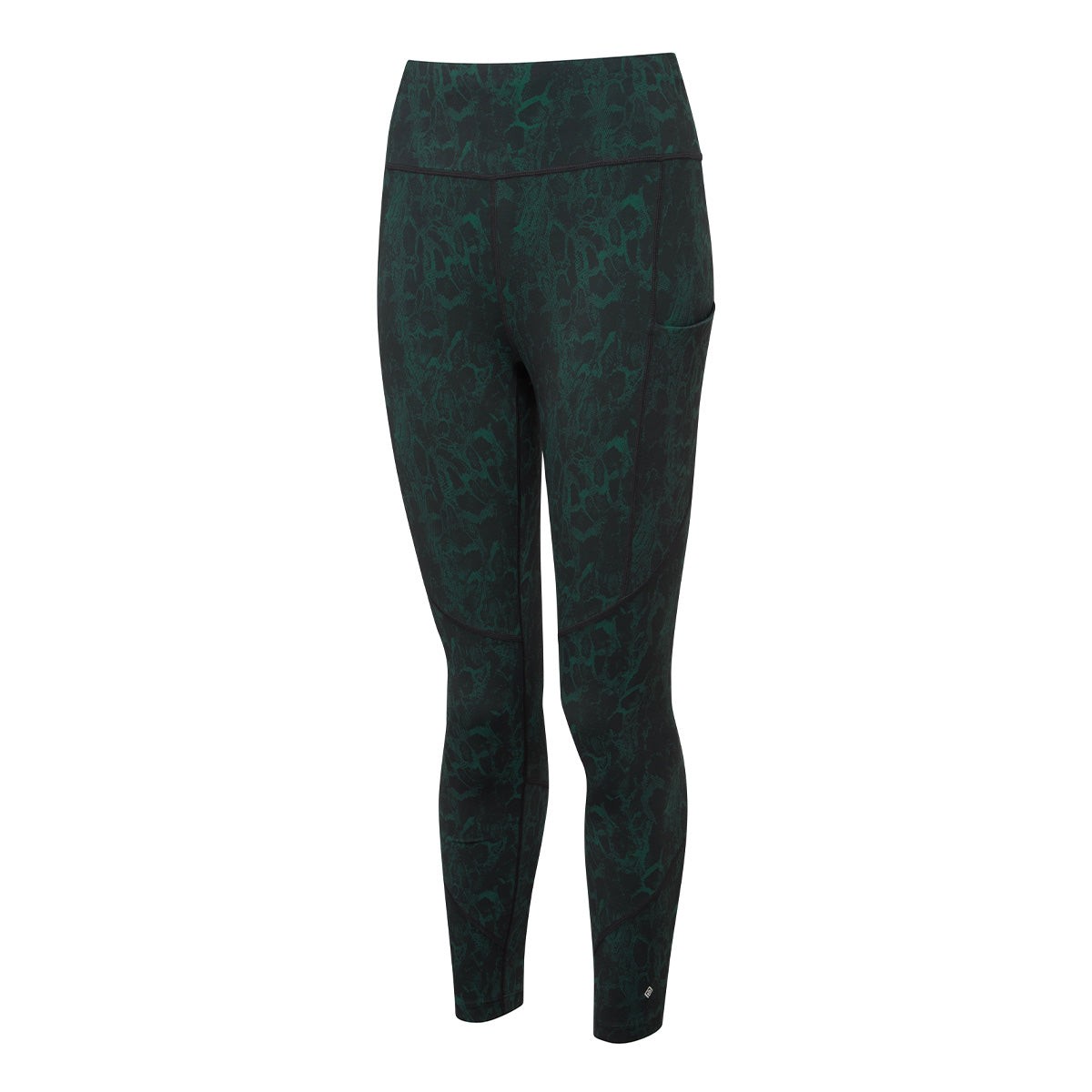 Green crop tights with a textured seaweed medusa pattern, featuring a high waistband and a side pocket, made from breathable, stretchy material for comfort during workouts.