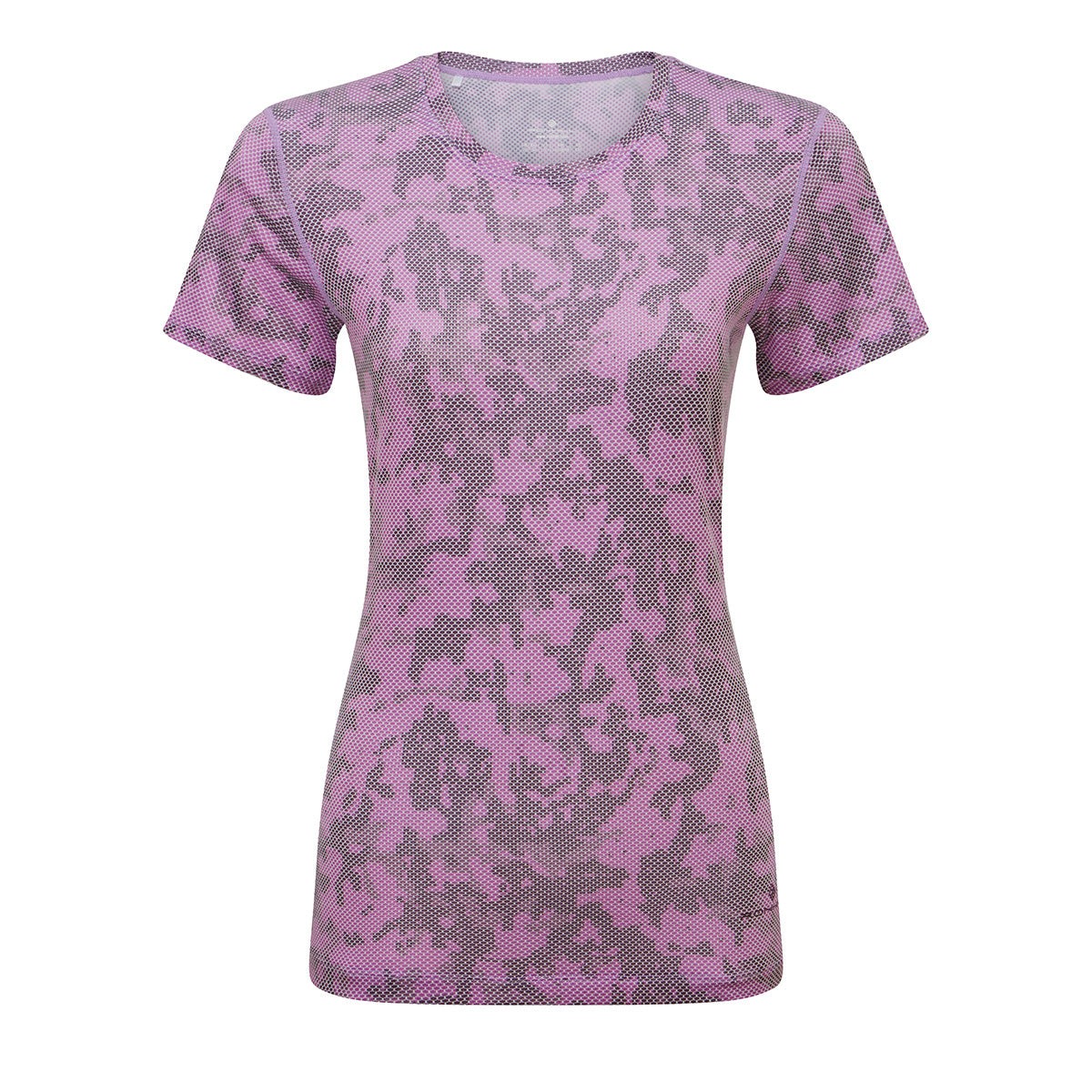 Purple short-sleeve women's tee with a pixelated pattern, made from breathable material, featuring a round neckline and a fitted silhouette.
