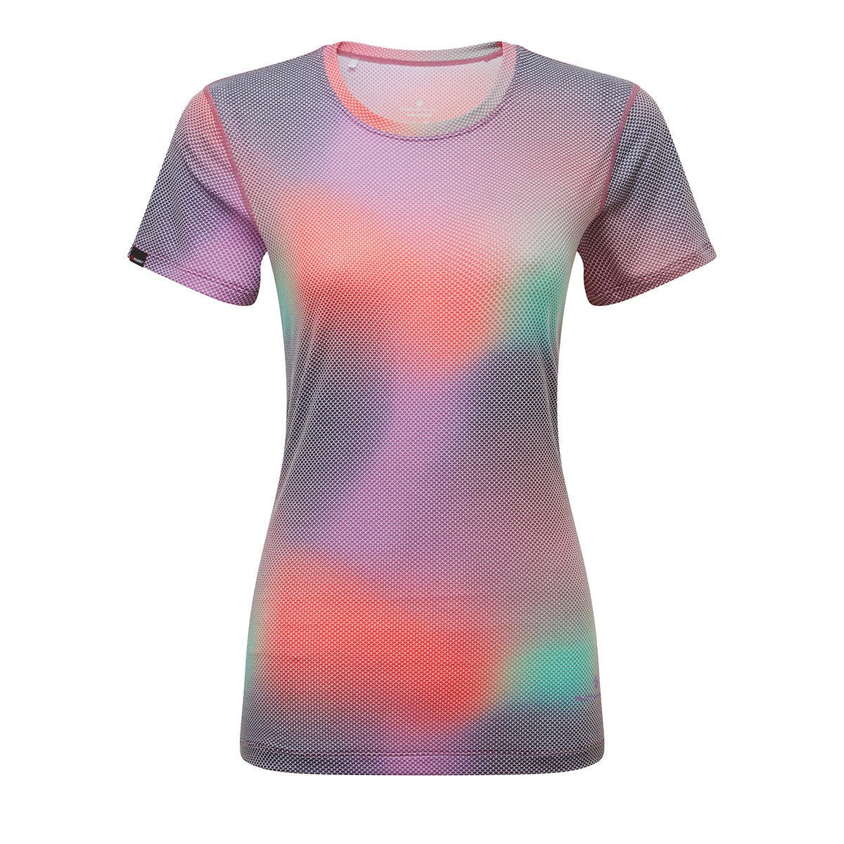 Short-sleeve women's tee in a vibrant multi-color design featuring a mesh texture, with hues of pink, purple, and green, ideal for activewear.