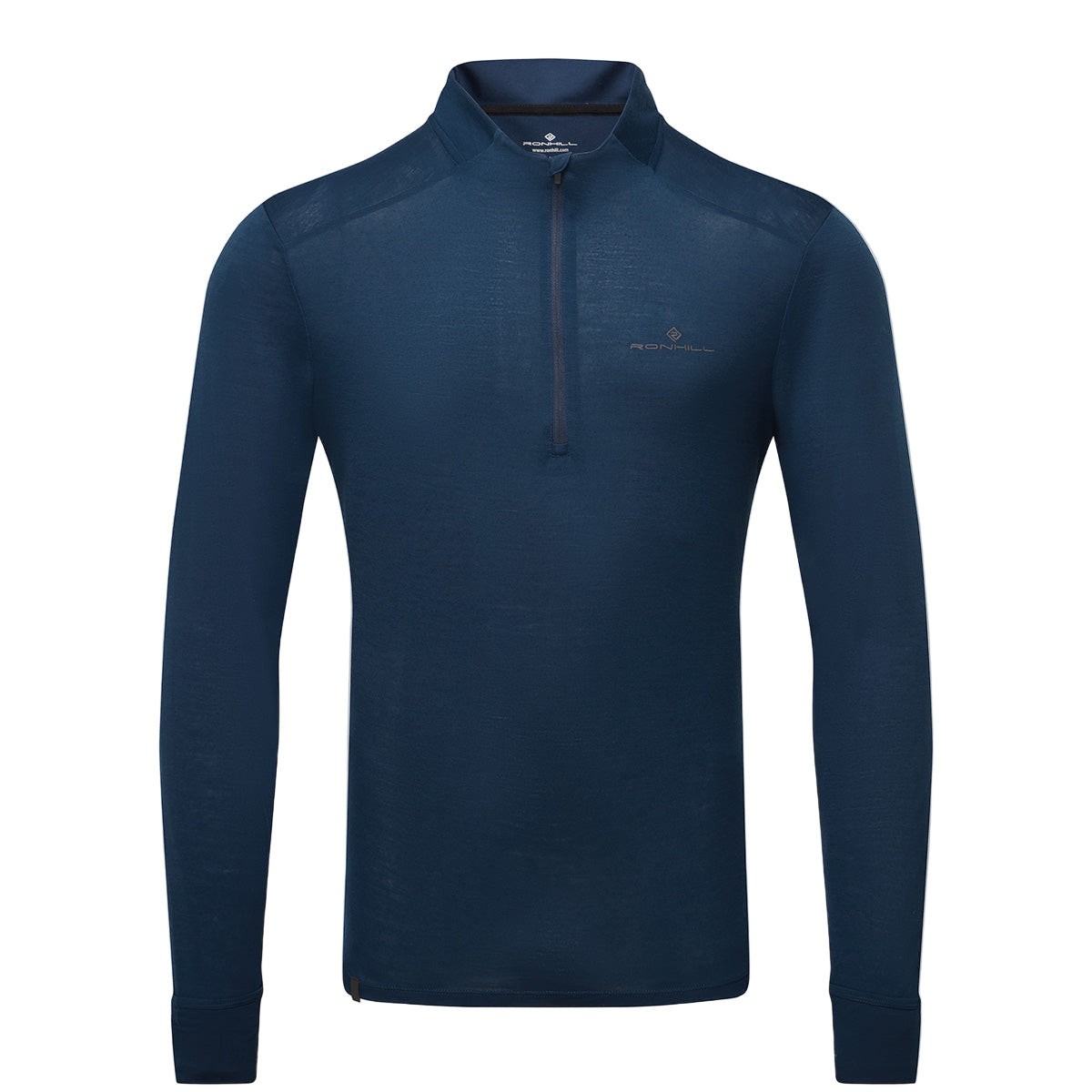 Dark navy long-sleeve 1/2 zip top made from merino wool, featuring a subtle logo on the chest and a sleek, athletic fit, ideal for outdoor activities.