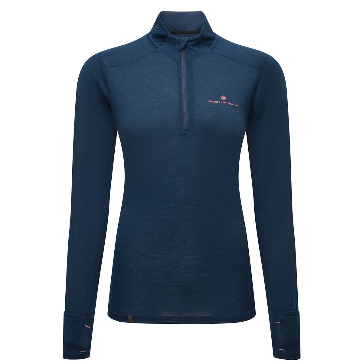 Dark navy long-sleeve women's 1/2 zip top made from merino wool, featuring a pink logo on the chest and thumbholes on the cuffs, designed for comfort and performance.