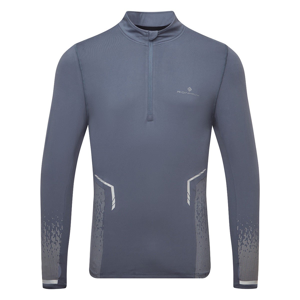 Light grey long-sleeve half-zip top with reflective accents, featuring a slim fit and breathable fabric, ideal for running or outdoor activities.