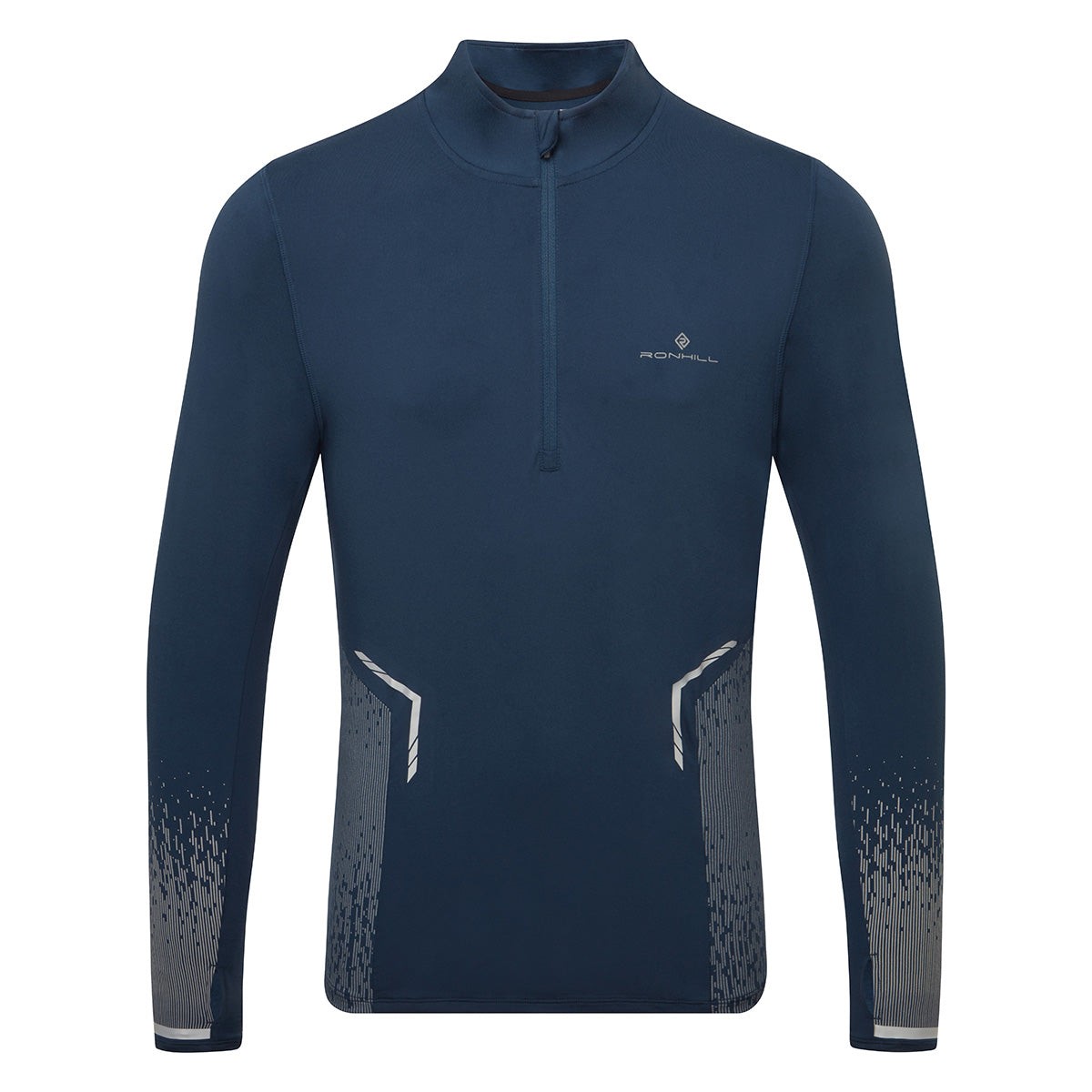 Dark navy long-sleeve half-zip running top with reflective accents, featuring a high collar and subtle gradient pattern on the sleeves, made from lightweight, moisture-wicking material.