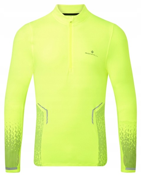 Fluorescent yellow long-sleeve men's running top with a half-zip, reflective details, and a gradient pattern on the sides, made from lightweight, moisture-wicking material.