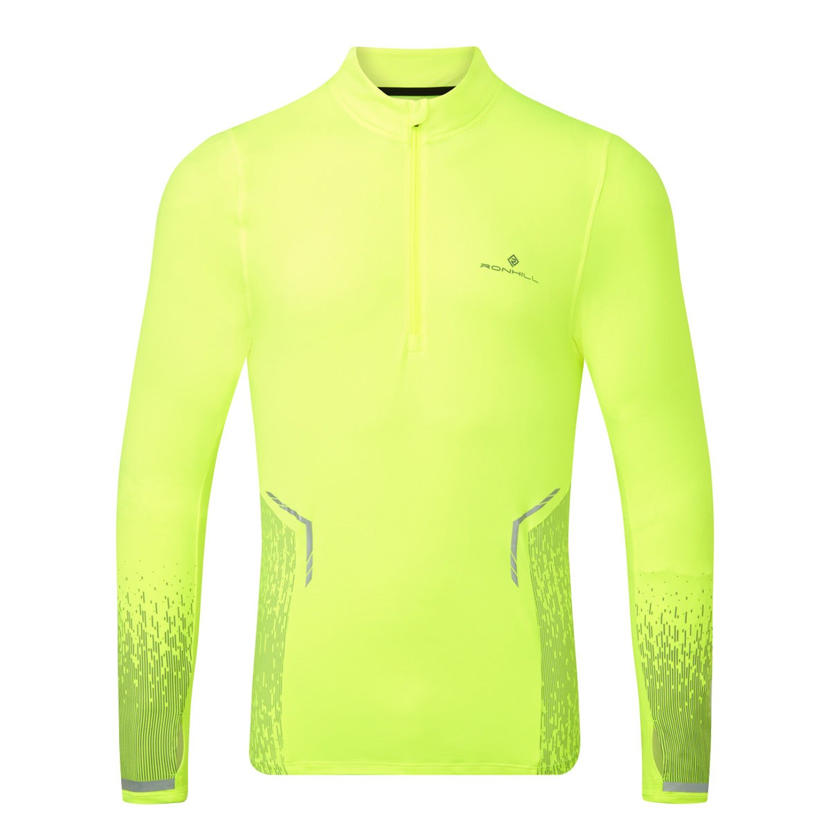 Fluorescent yellow long-sleeve men's running top featuring a half-zip collar, reflective details, and gradient pattern on the sleeves, made from lightweight, moisture-wicking material.