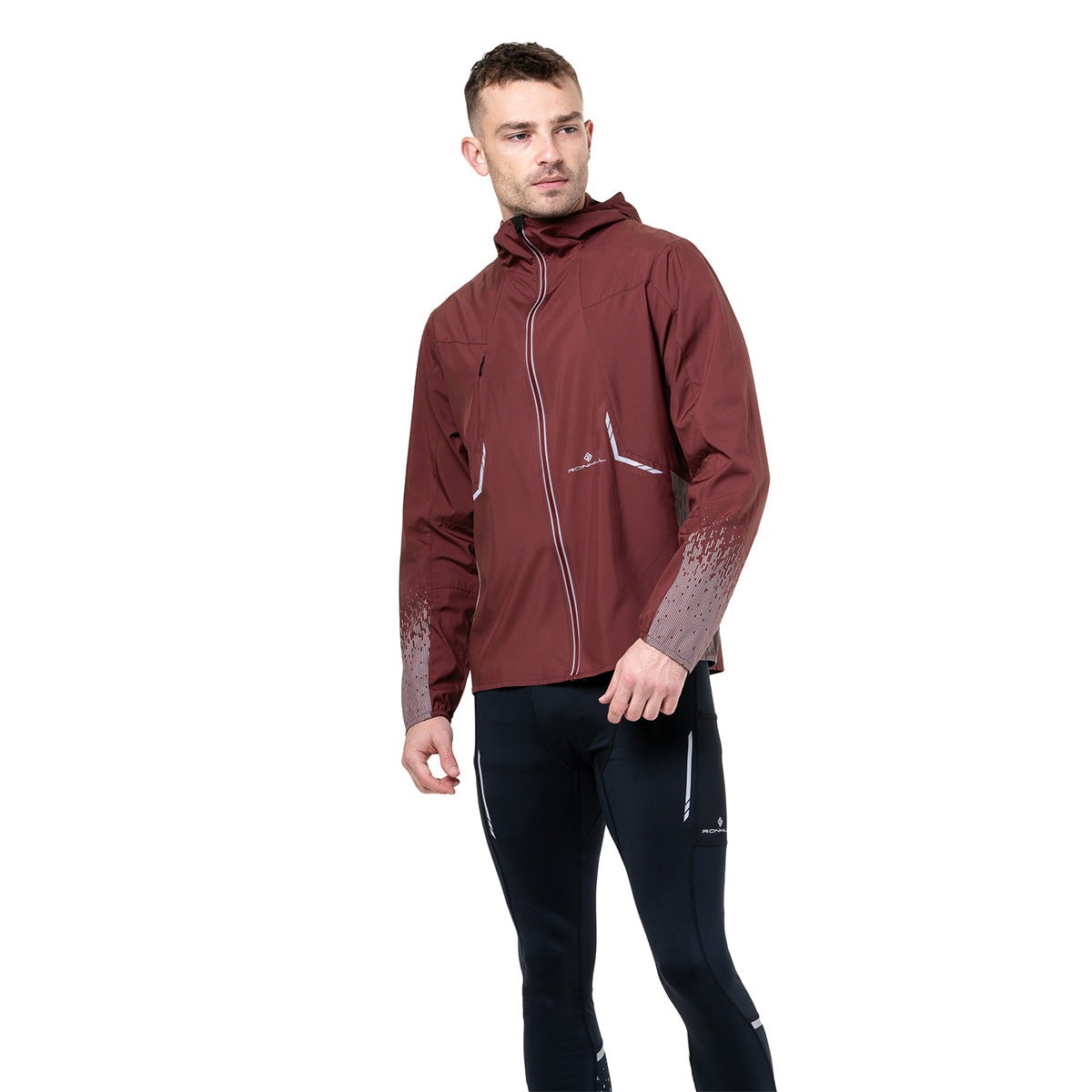 Men's Ronhill Tech Reflect Jacket in Chestnut brown, featuring a hood, reflective detailing on sleeves, and a lightweight, breathable fabric, designed for outdoor activities.